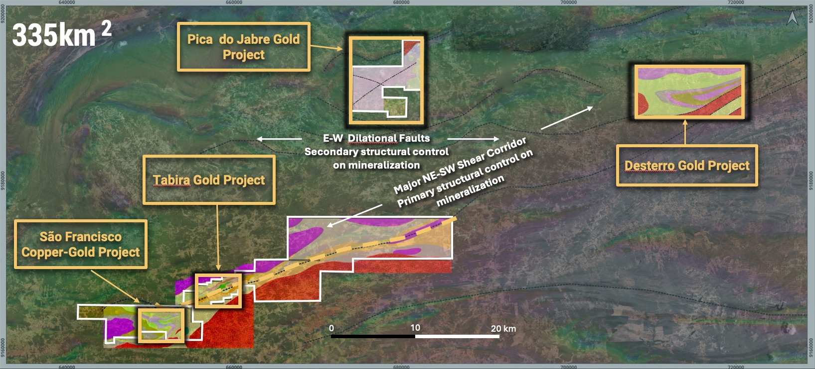 Mapa regional do pacote de &aacute;reas de 335&nbsp;km&sup2; da Prospectiva na Prov&iacute;ncia de Borborema, mostrando o projeto de cobre-ouro S&atilde;o Francisco juntamente com os projetos de ouro Tabira, Pico do Jabre e Desterro, o corredor de cisalhamento NE&ndash;SW e as falhas distensivas secund&aacute;rias E&ndash;W